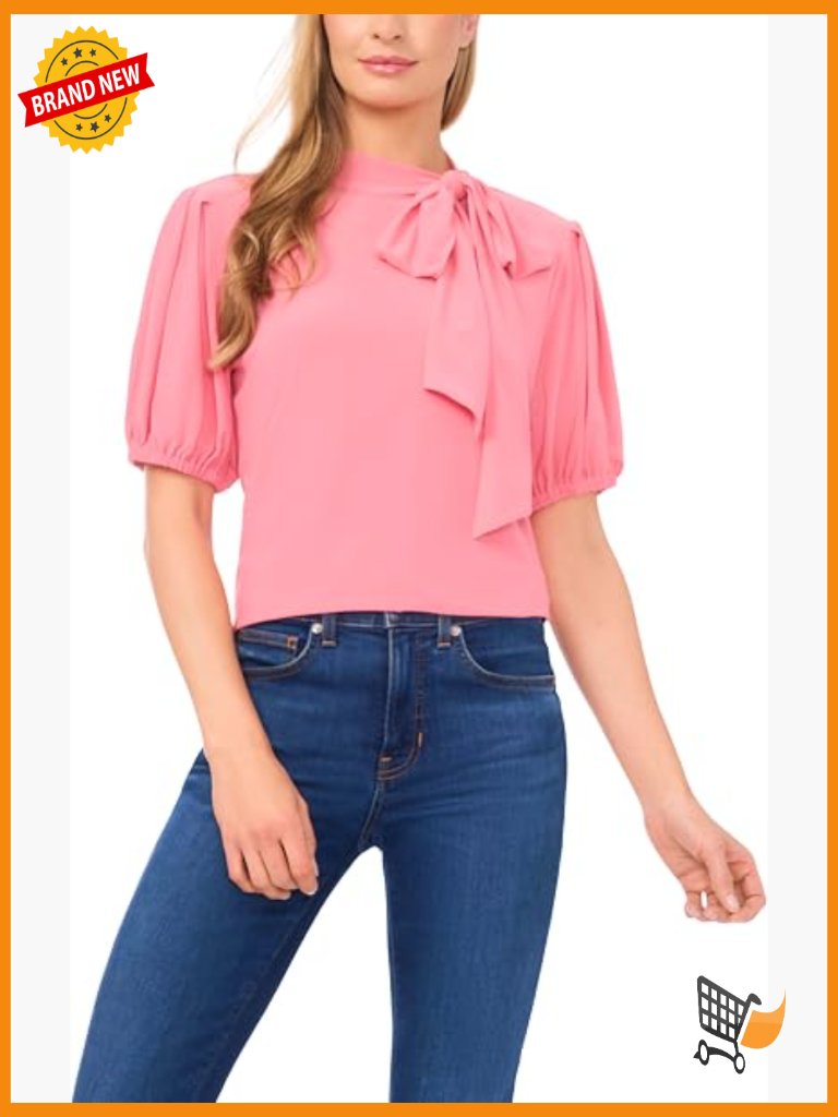 Short Sleeve Tie Neck Bow Knit Top Blouse Mock Neck Puff Sleeve